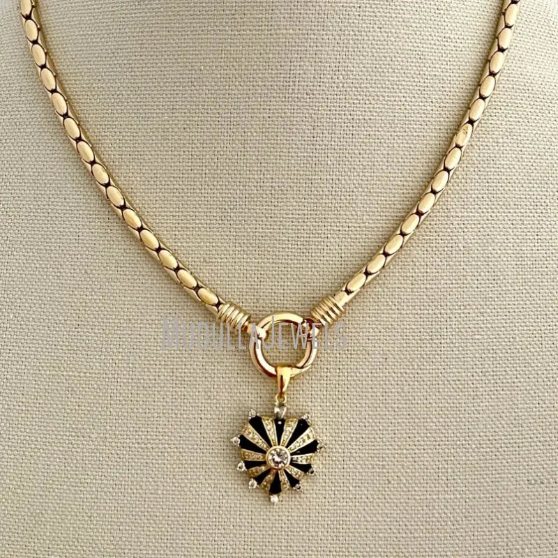 NM42771 Gold Snake Necklace Enamel Heart Pendant CZ Gold Pendant Gold Spring Lock Clasp Statement Necklace