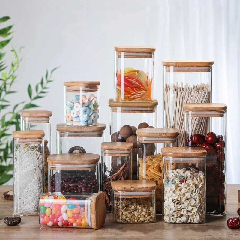 Square Sealed Glass Bottles Jars New Tea Coffee Beans Transparent Storage Boxes Candy and Snack Tins With Bamboo Lid