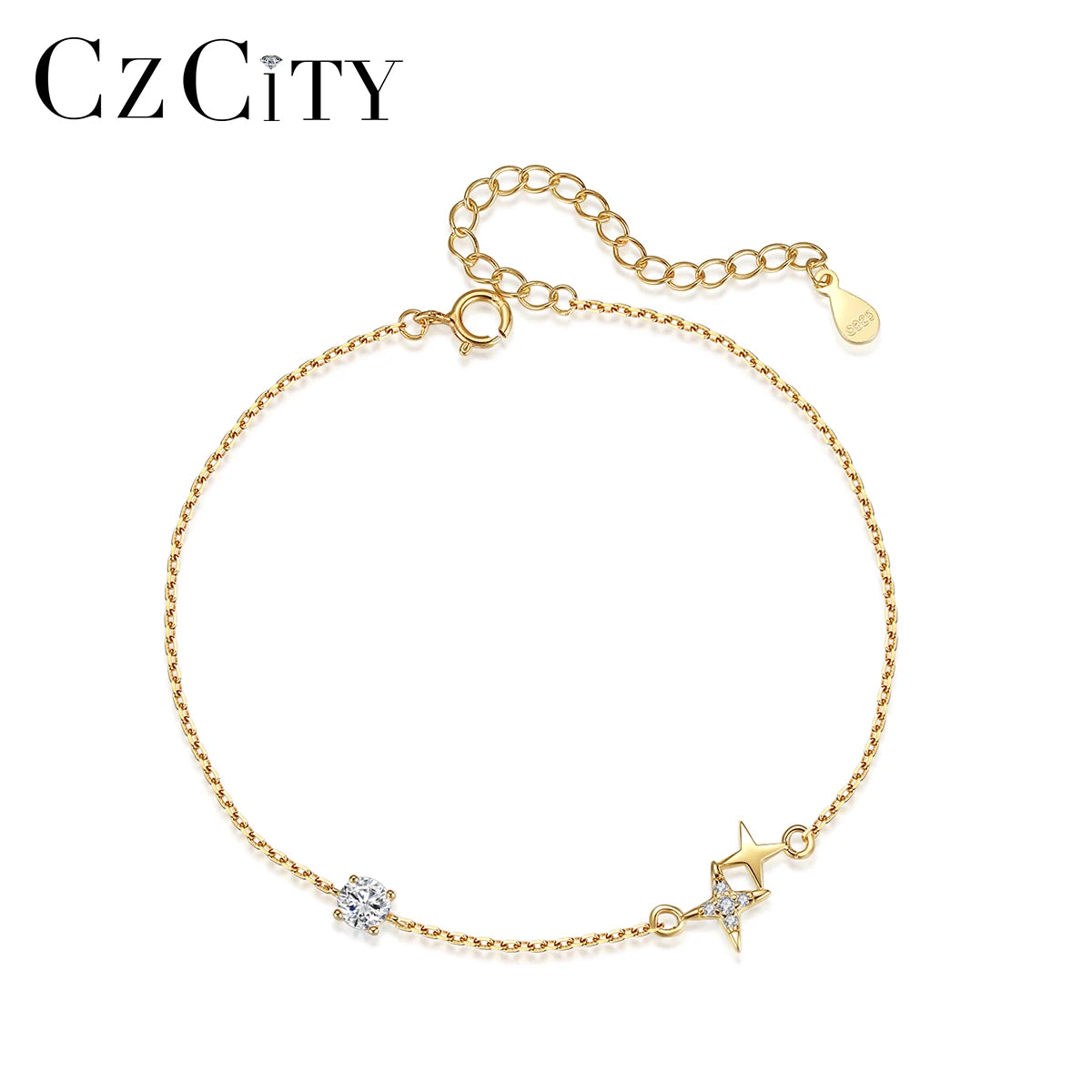 CZCITY Charm Fine Jewelry Chain Cubic Zirconia Women Adjustable 925 Sterling Silv Silver Star Bracelet