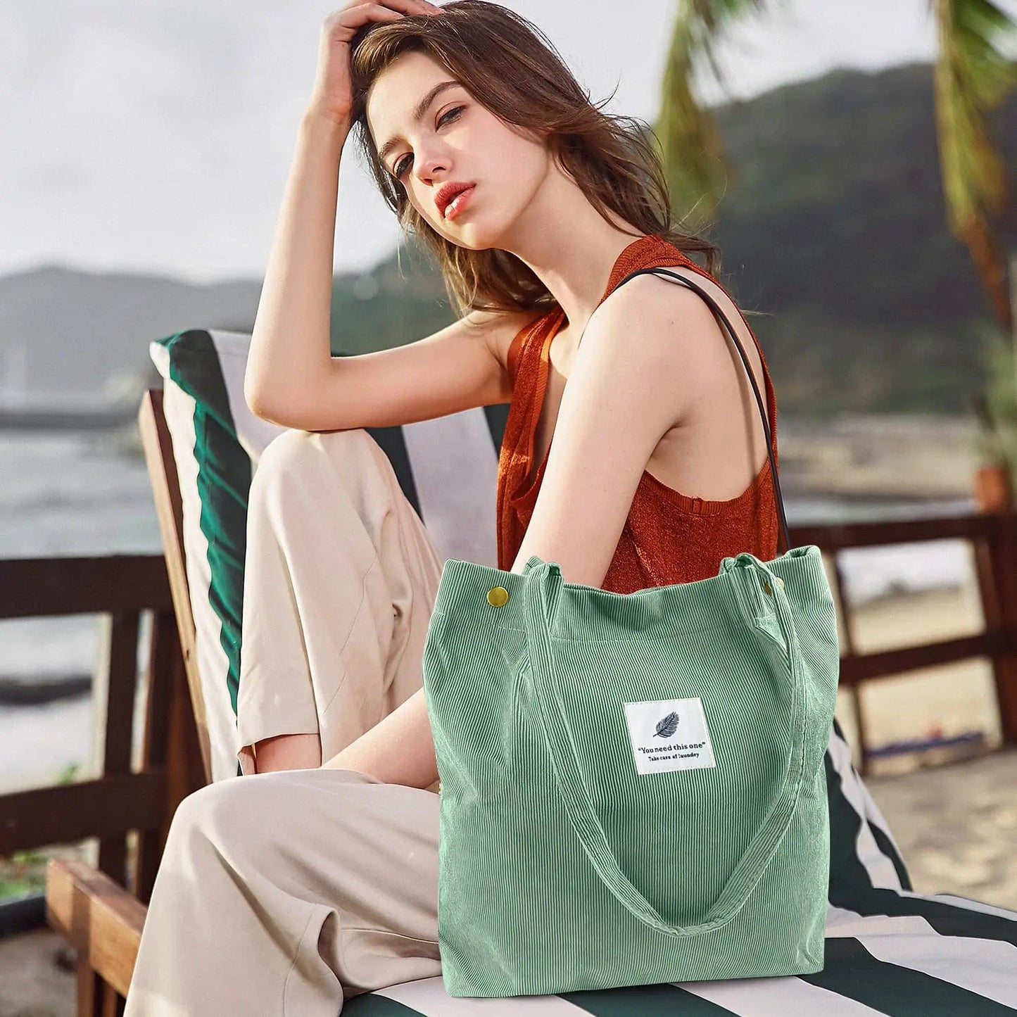 Qetesh Wholesale Low Price Shopping Shoulder Bag Large Capacity Fashion Design Solid Color Corduroy Tote Bag for Women