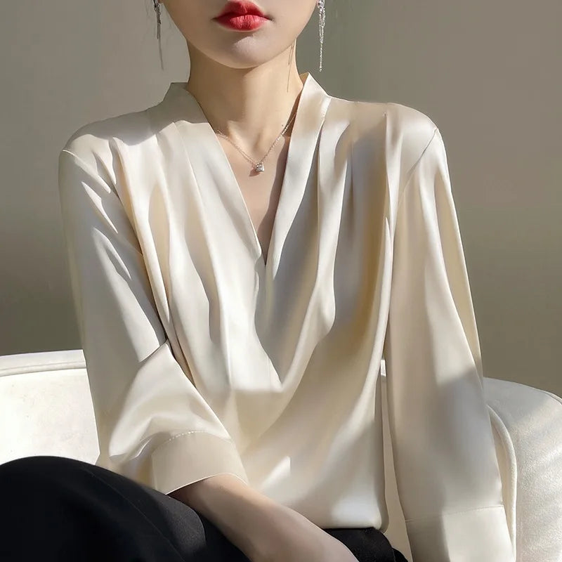Boutique Wholesale 2026 Spring New Satin V-neck Simple and Versatile French Women's Shirts