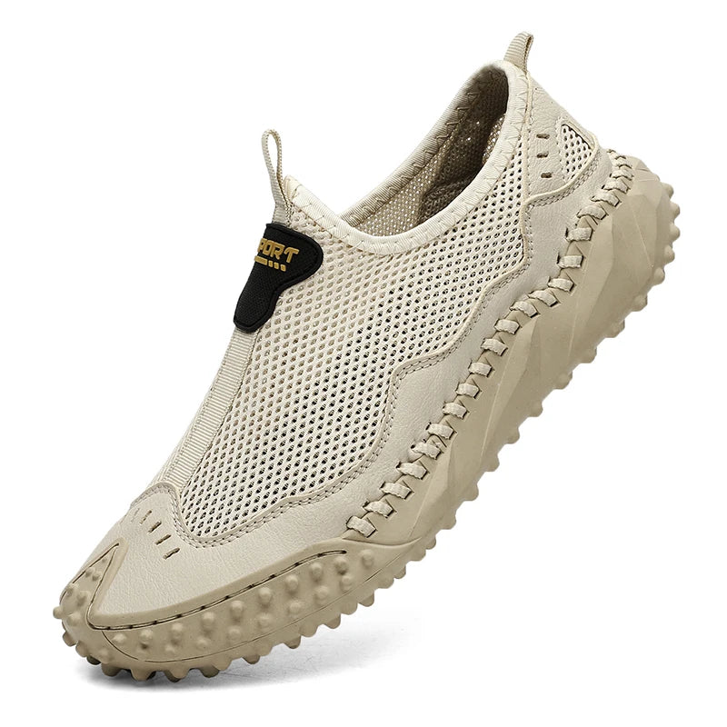 Factory Supply Breathable Mesh Genuine Leather Hand Sewing Men Summer Walking Shoes