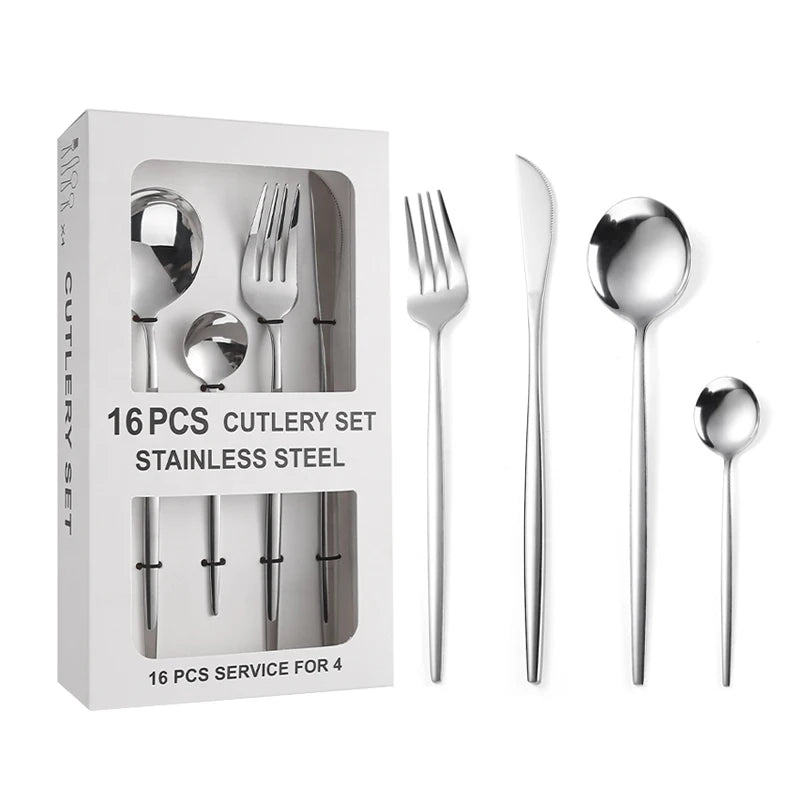 Business Super 16 PCS Flatware Set Silver Spoons Forks Knifes Utensils Sets Portable Portugal Stainless Steel Cutlery Set for