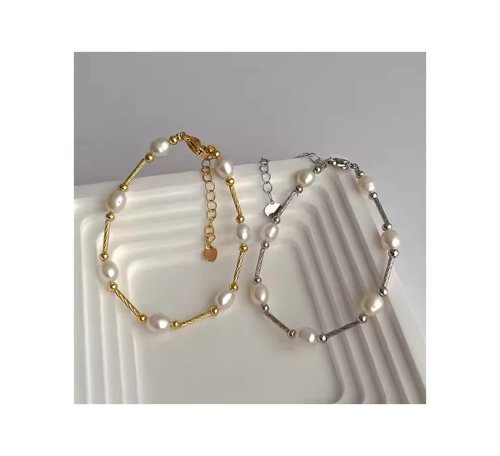 Korean Fashion Pearl Bracelet Splicing 18K Gold Stainless Steel Chain Natural Freshwater Pearl Bracelet for Women