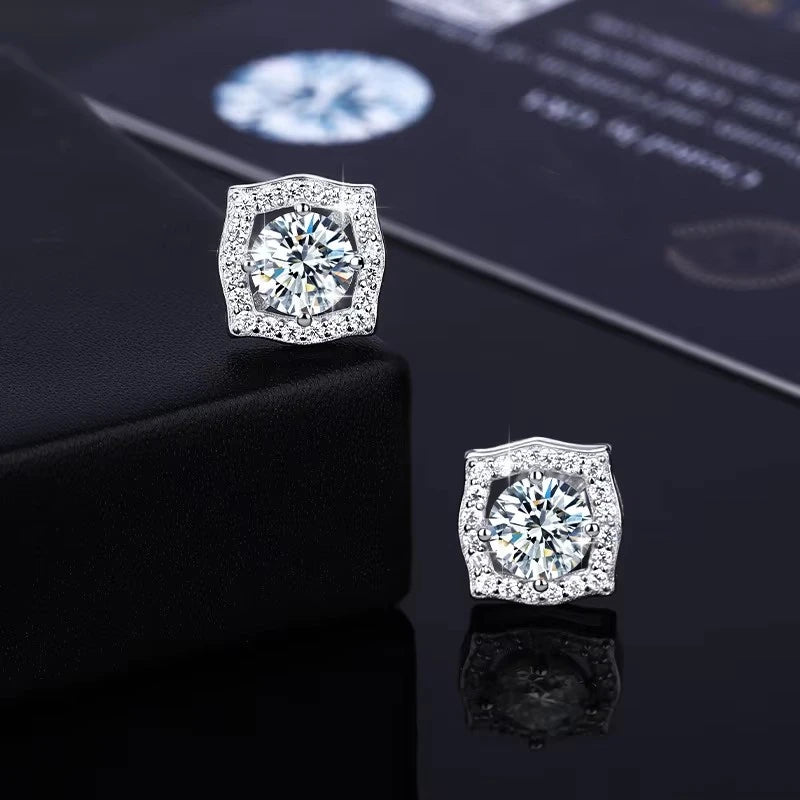 HipHop Unisex S925 Sterling Silver 1CT VVS D Color Moissanite Square Stud Earrings for Men and Women Wedding Jewelry