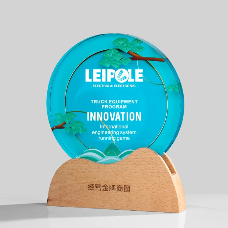 Guangzhou Wholesale K9 Blank Round Crystal Wooden Shield Trophy Award Custom Laser Engraving and UV Printing 3d Logo Wood Tro