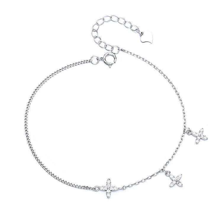 Sterling Silver 925 Thin Cuban Chain Bracelet with Mini Flower Charm Jewelry for Women