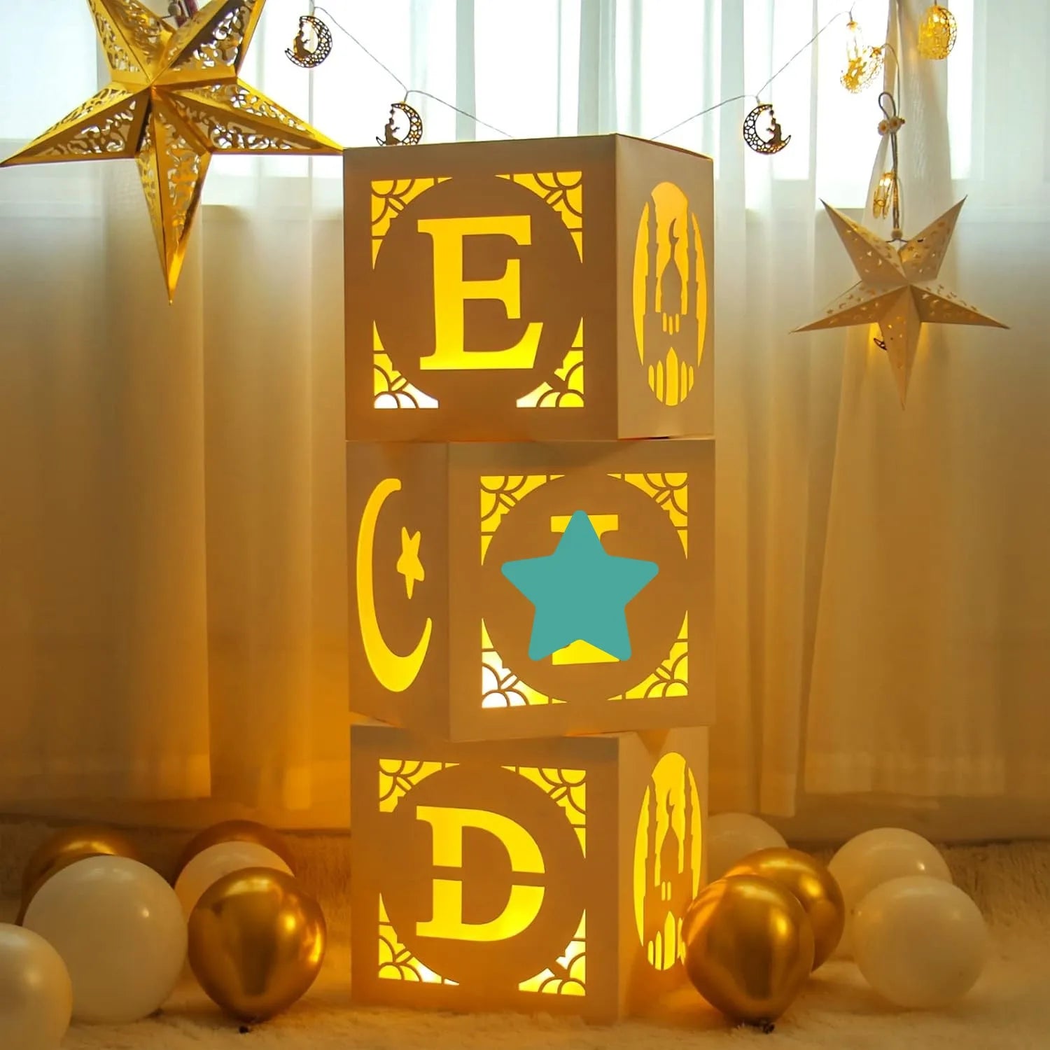 Nicro White Eid Mubarak Moon Star Decorations Balloons Transparent Paper LED Lights Boxes Blocks Ramadan Party Decoration Set