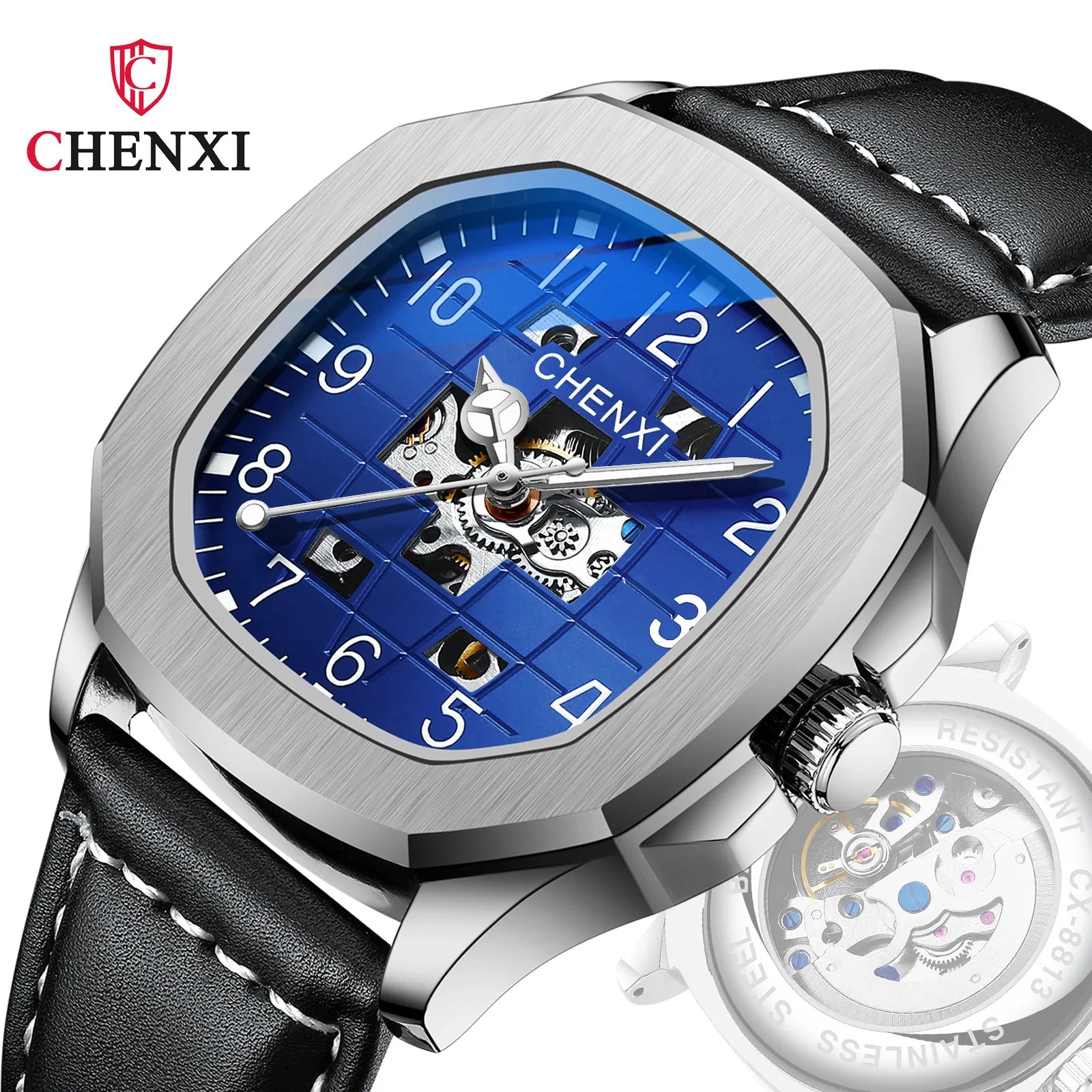 MECHANICAL WATCH CHENXI New Leather High-end Square Mechanical Watch Men's Waterproof Luminous Automatic Hollow