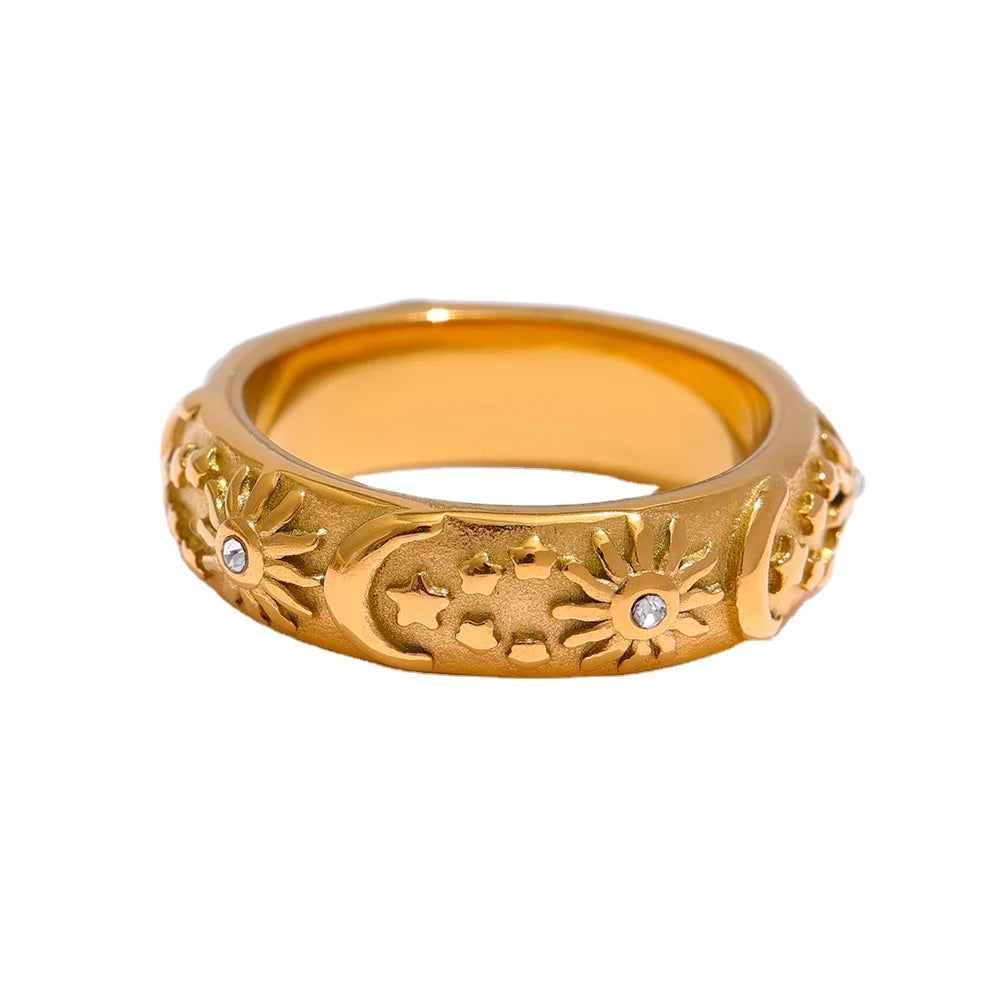 Women's Trendy Waterproof Stainless Steel Celestial Ring 18K Gold PVD Plated Sun Moon Star Jewelry 2024 Collection