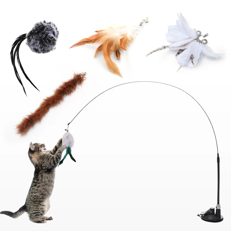 Ybgai Cat Toy Suction Cup Feather Tickling Cat Stick with Bell Long Stick Bite Resistant Cat Teaser