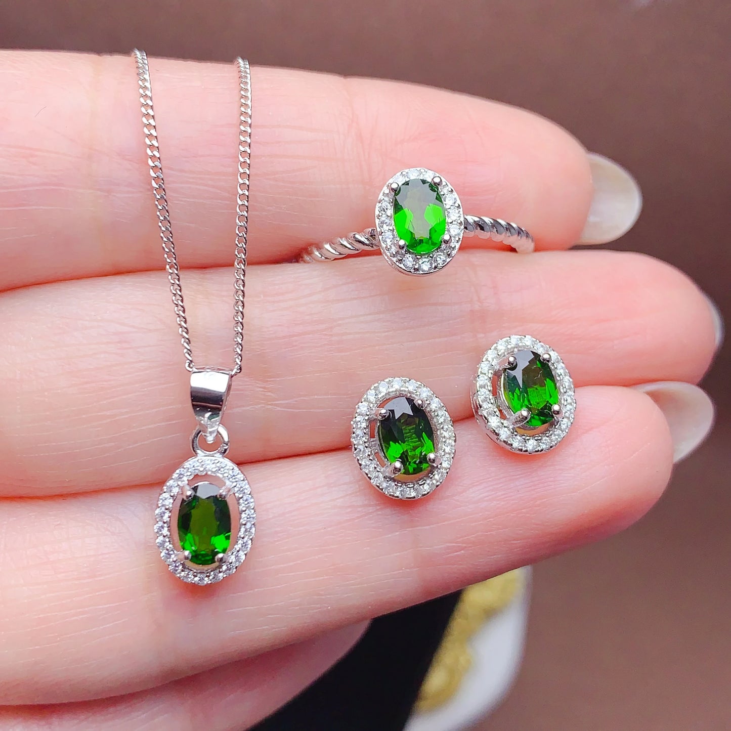 Good Price 925 Sterling Silver Oval Cut 4mm*6mm Natural Diopside Elegant Earrings Jewelry Set for Girls