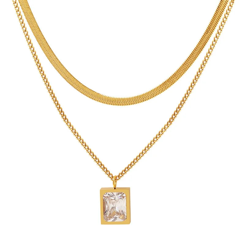 Tarnish Free Double Layered Gold Plated Snake Chain Jewelry Stainless Steel Women Zircon Pendant Clavicle Chain Necklace