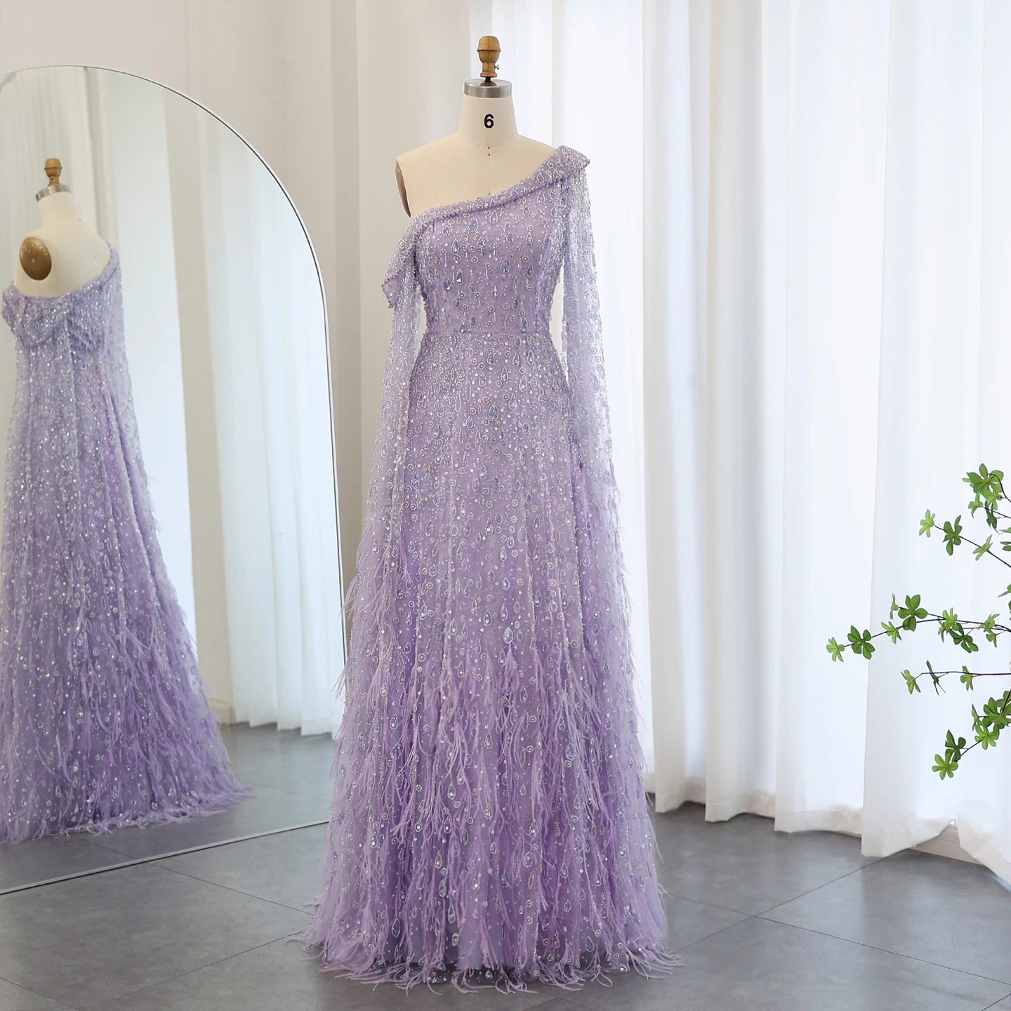 Jancember SZ438 Beautiful One Shoulder Feather Women's Evening Formal Gowns Dresses