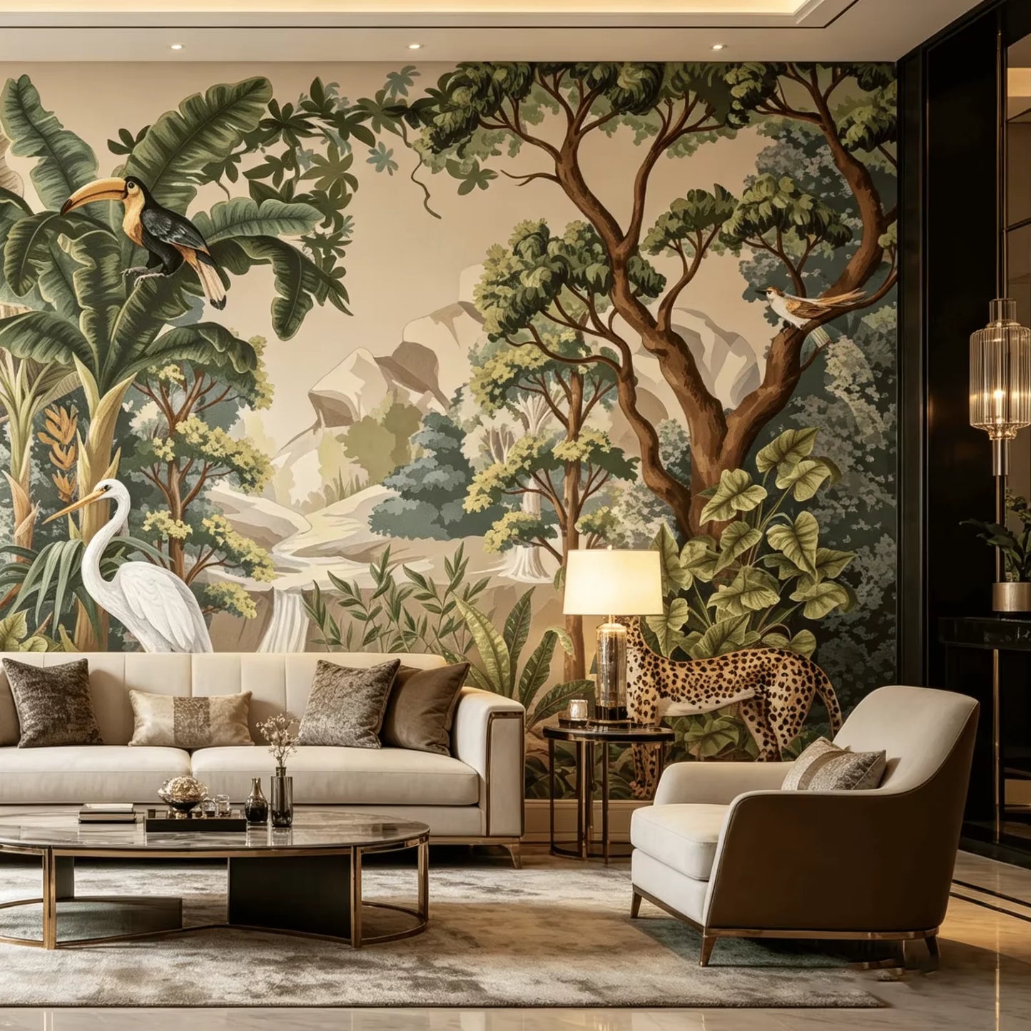 Custom Digital Printed Natural Linen Wallpaper Jungle Pattern Eco Friendly for Residential Interior Decoration