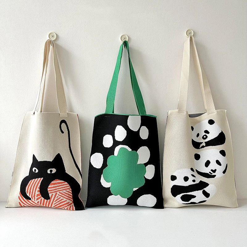 Cute Cartoon Panda Knitted Shopping Shoulder Bag Floral Knitting Crochet Tote Bag for Women