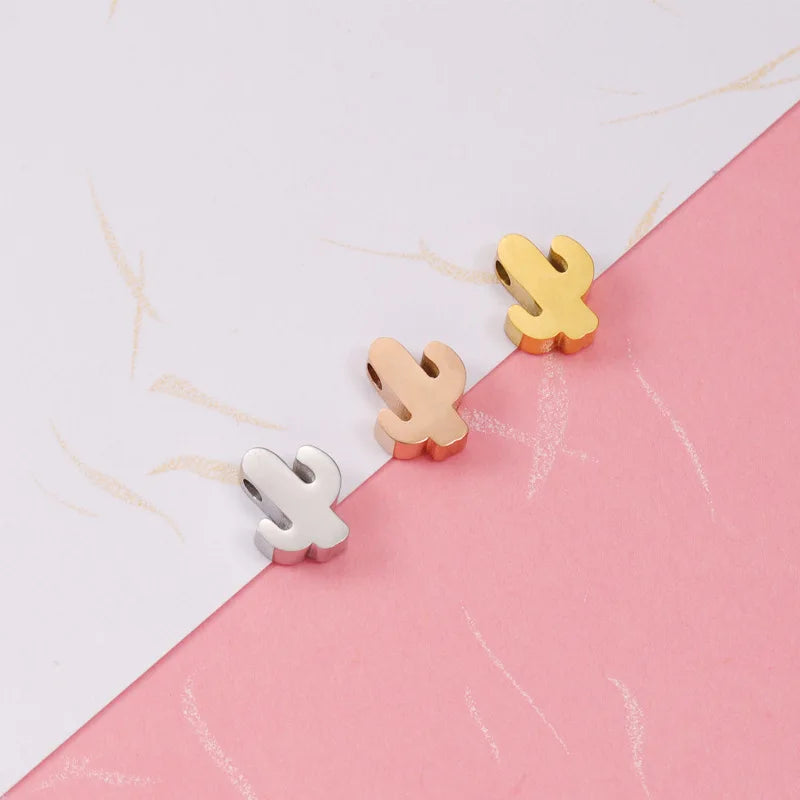 Wholesale Cactus Design Stainless Steel Charm Beads Silver / Gold / Rose Gold Blank Bead Charms for Jewelry Bracelet Making
