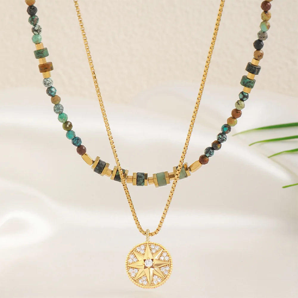 Bohemian Turquoise Natural Stone Chakra Zircon Star Pendant 18k Gold Plated Necklace for Women