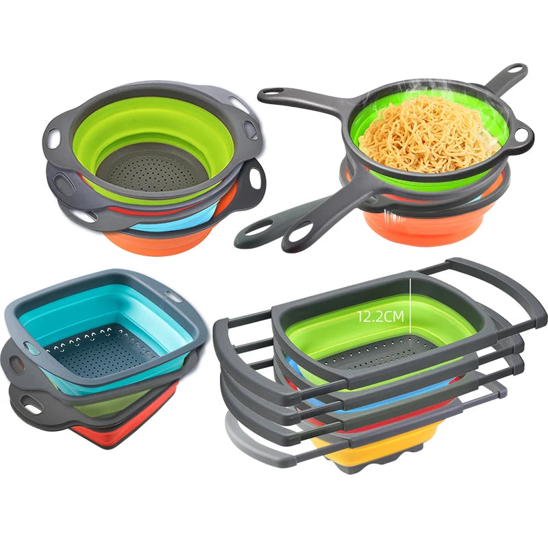 Factory Wholesale All Silicone Collapsible Colander Strainer with HandleVegetable Fruit Washing Drain Basket