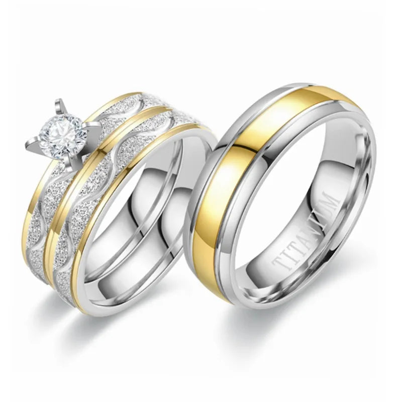 Fashionable Titanium Steel 3pc One Set  Lovers Rings Tarnish Free Diamond Stainless Steel Wedding Rings Set for Couples