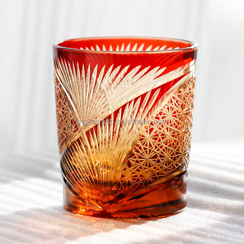 Japanese Style Edo Kiriko Color Drinking Glass 8oz Amber Red Crystal Whisky Glass Tumbler