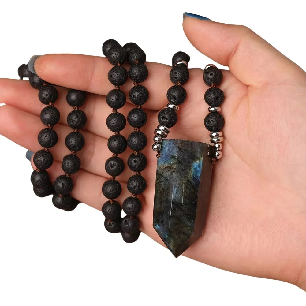 Labradorite Point Pendant Healing Necklace  Black Lava Round Beads Handmade Necklaces for Men