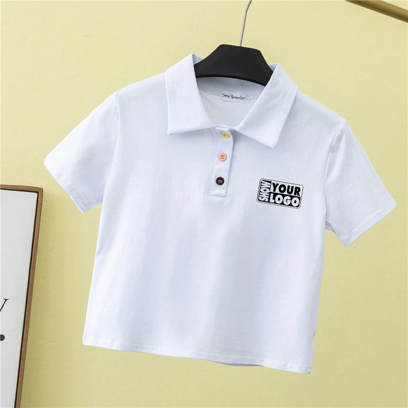 180gsm 95% Cotton 5% Spandex Custom Fashion Short Sleeve Crop Polo Crew Neck for Women Blank Printing Lady Polo Shirts