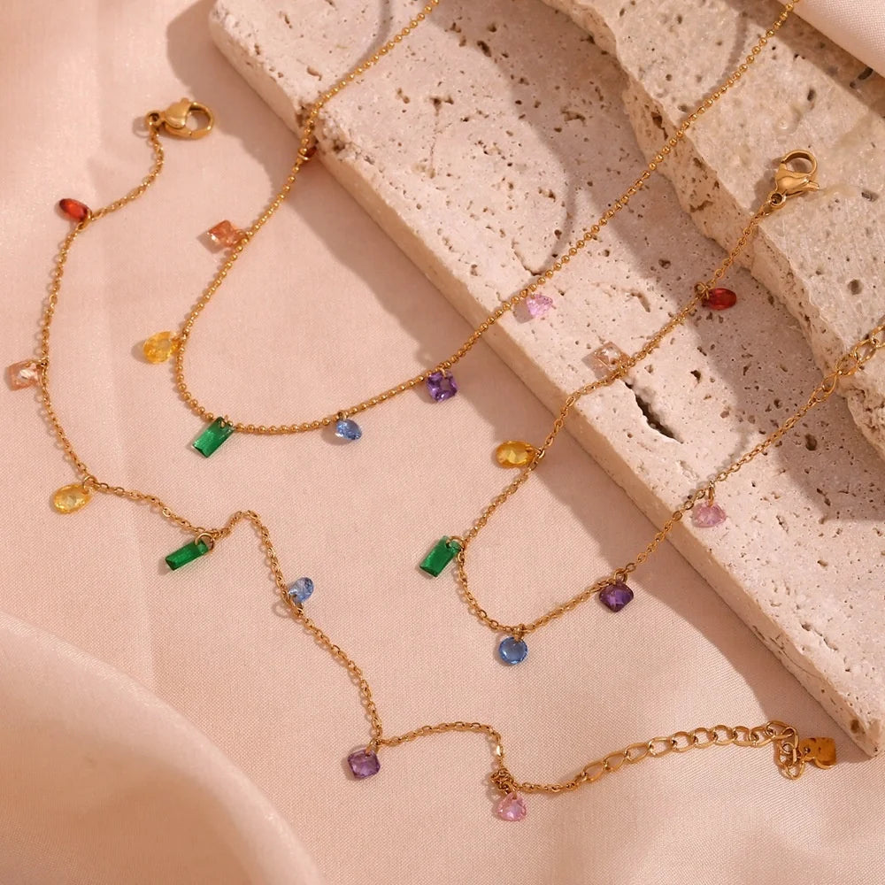 European and American Personality Niche Network Red Bracelet Anklet Set Stainless Steel Plated 18K Gold Color Zircon Necklace