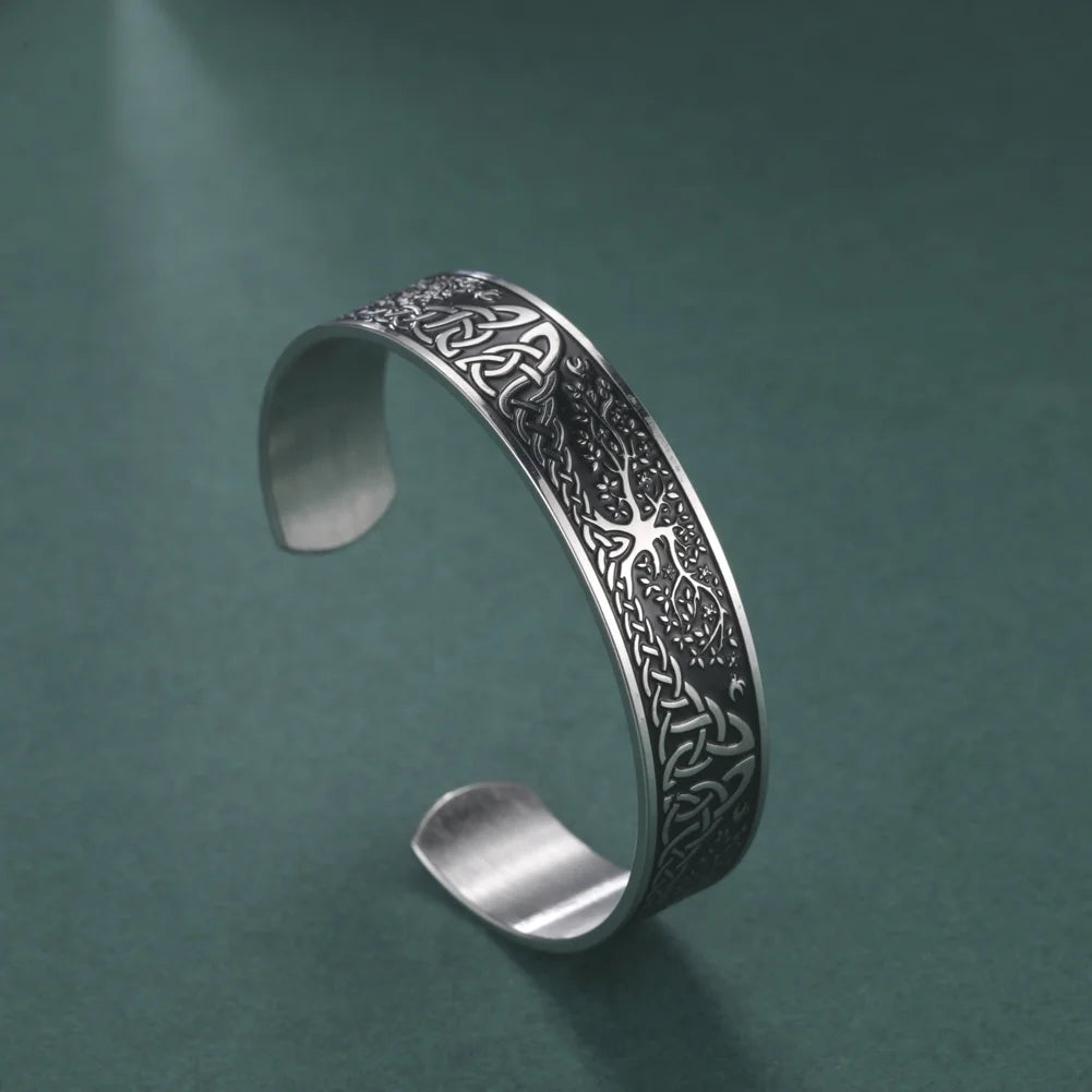 Tree of Life Bangle Wicca Amulet Vintage Nordic Runes Celtics Knots Stainless Steel Jewelry Bangle Gift for Men Boyfriend