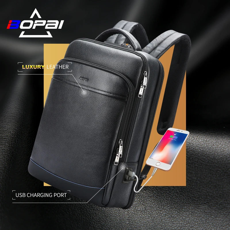 Bopai Custom logo Premium Work BSCI Usb Charging Port Anti Theft Business Laptop 15.6 Inch Cowhide Leather Backpacks Men Genu