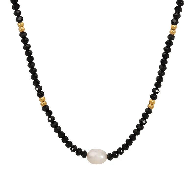 Trendy Classic Stainless Steel Freshwater Pearl Black Beaded Pendant Necklace for Couples Women Men Gift Daily