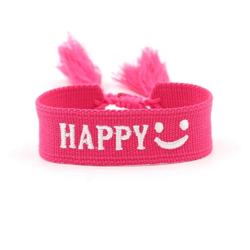 Bohemian Style Colorful Webbing Embroidered HAPPY Hand Woven Tassel Wrist Strap Bracelet