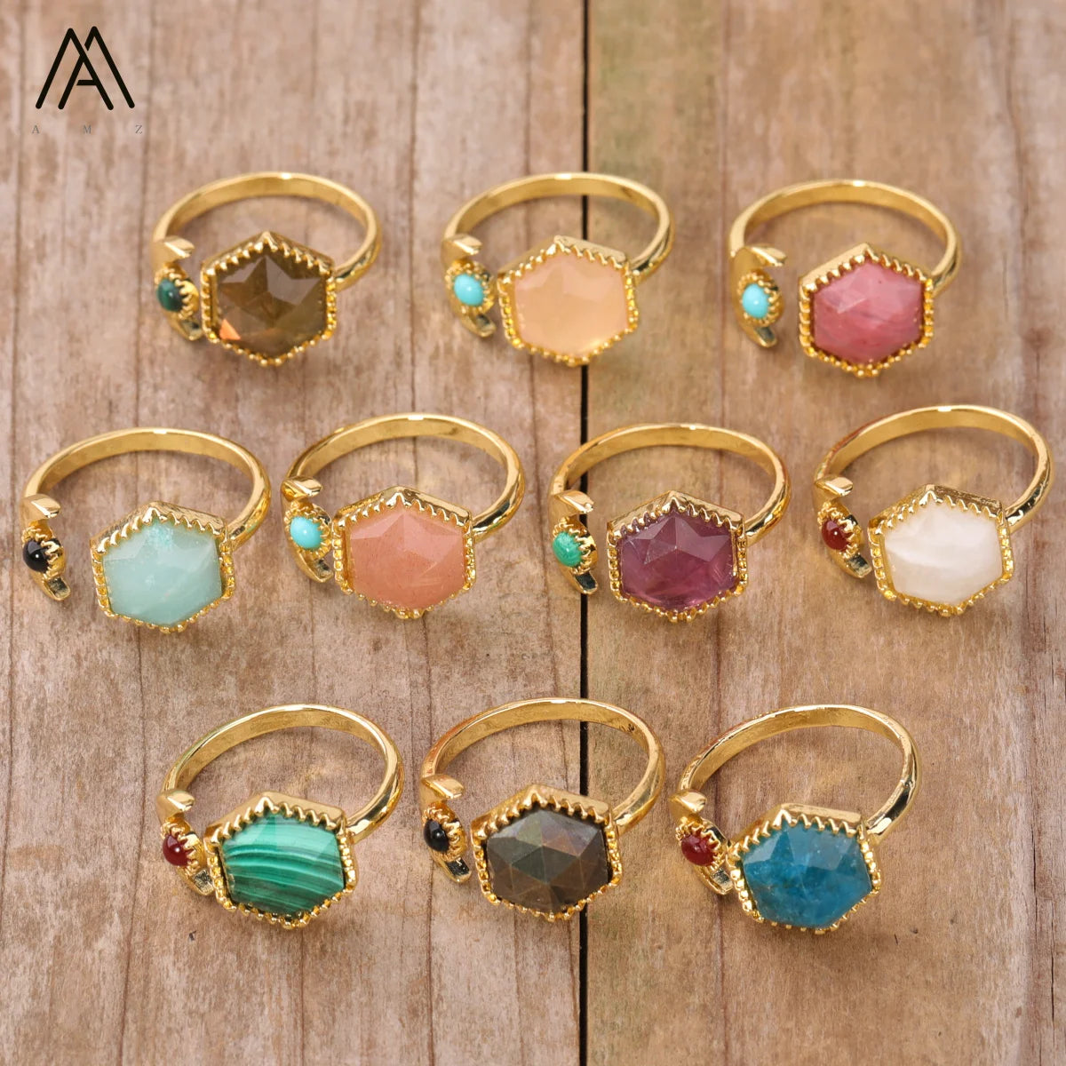 Dainty Rings Healing Chakra Jewelry for Women  Hexagon Shape Stone Moon Open Bands Boho Ring Birthday Gifts