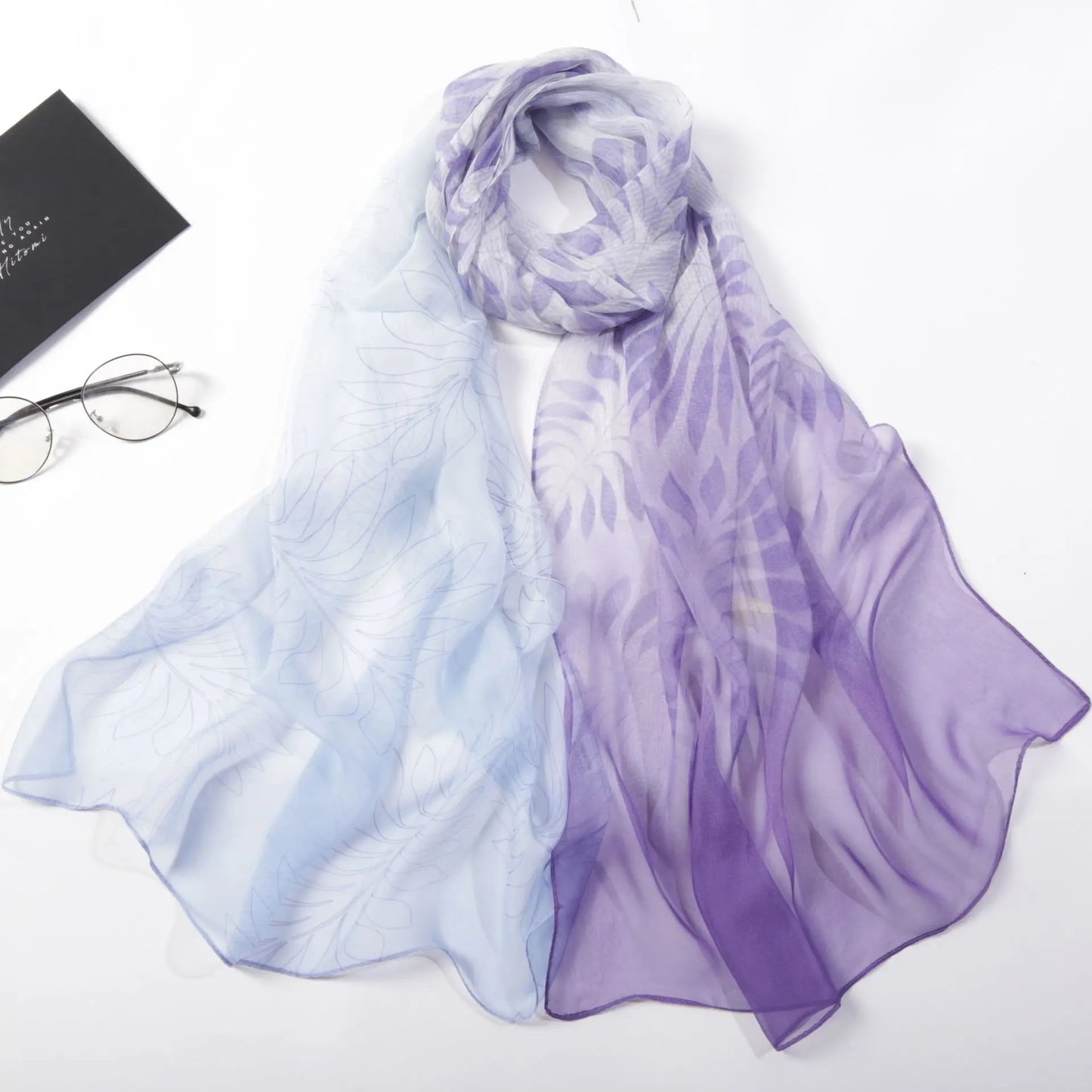 Summer Spring Gradual Leaf Printed Silky Scarves Smooth Soft Thin Georgette Silk Scarf for Women