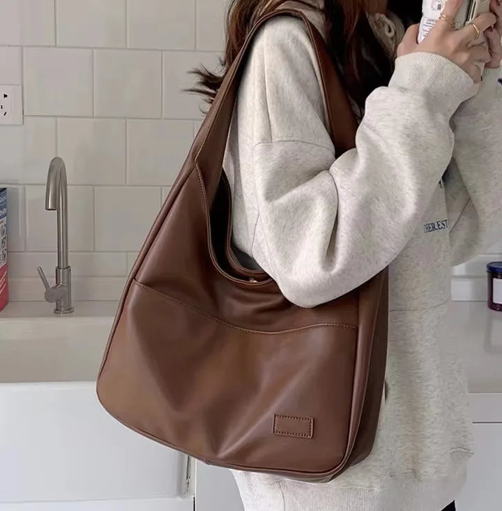 Korean Style Crossbody Bag Soft Leather Hobo Bag Minimalist Large Capacity Trendy Casual Women Shoulder Underarm Bag with Poc
