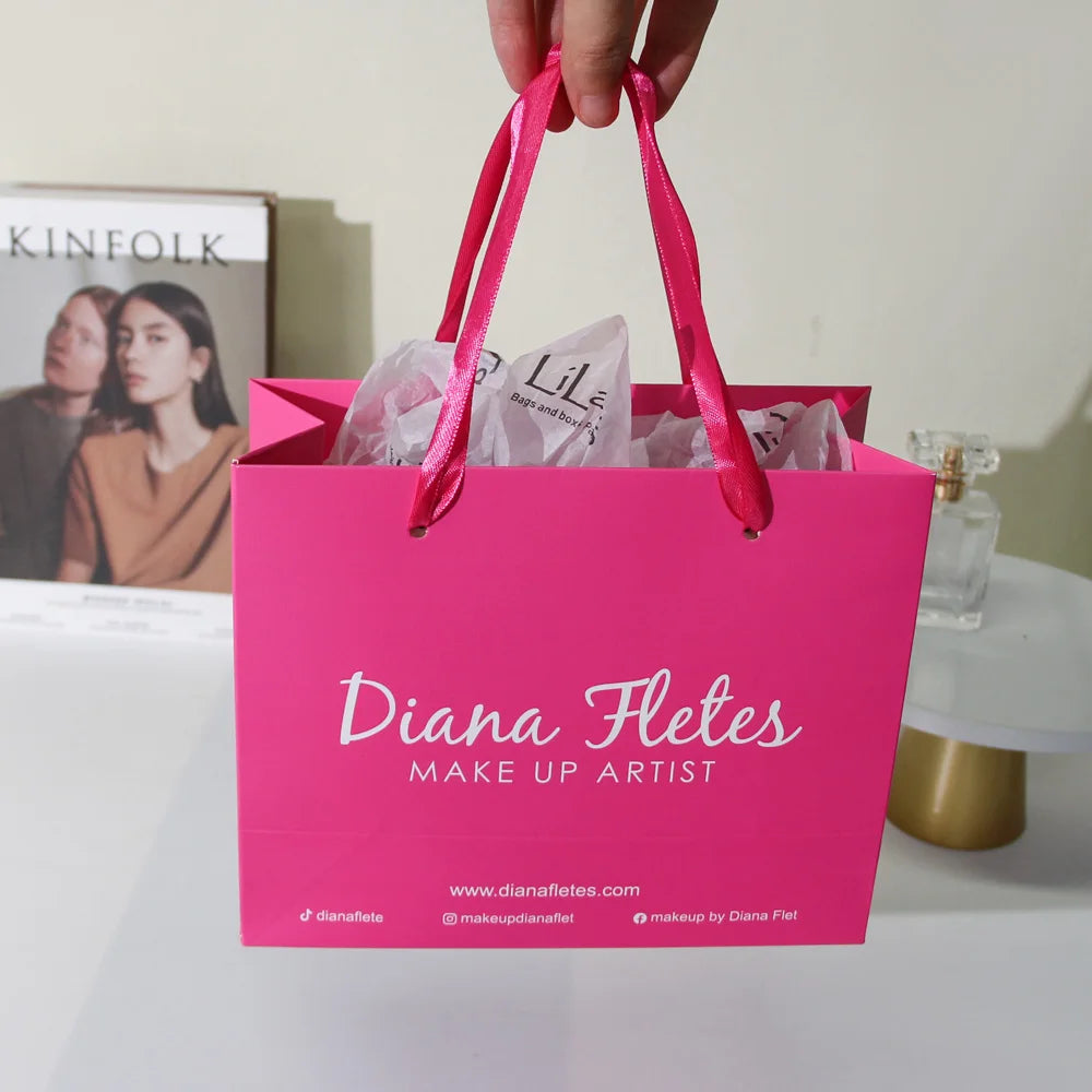 Custom Printed You Own Logo Personalized Pink Matte Laminated Retail Shop Store Shopping Euro Tote Paper Bag With Logos Handl