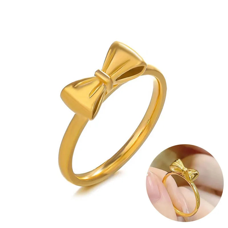 Hot Sale Stainless Steel Rings Waterproof 18K Gold Plated Jewelry Cute Adjustable Bow Ring for Women