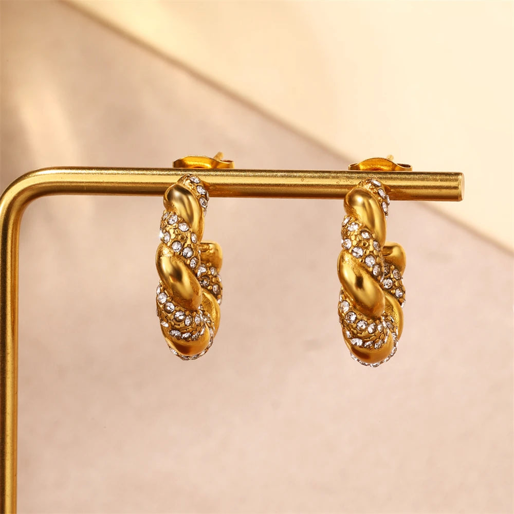 Mj New Trendy Stainless Steel Waterproof Non Tarnish Jewelry Hypoallergenic Gold Plated Thick CZ Diamond Twist Hoops Earrings
