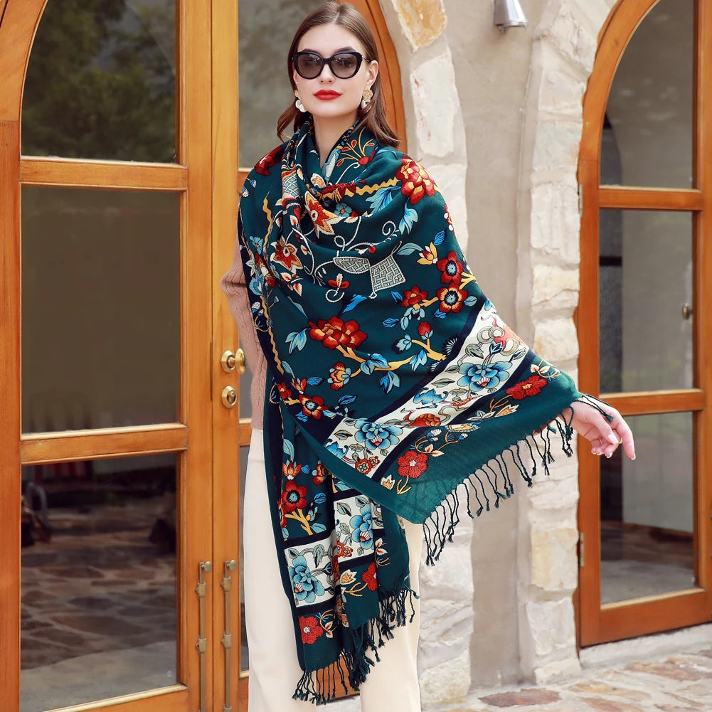 Green Luxury Merino Wool Fleece Floral Design Oversized Scarf Shawl for Women Winter with Digital Print