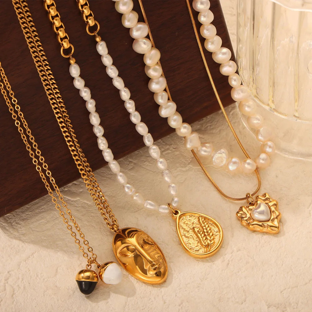 High Grade Elegant Designer Freshwater Pearl Bead Choker 18K Gold Plated Stainless Steel Pendant Necklace for Women