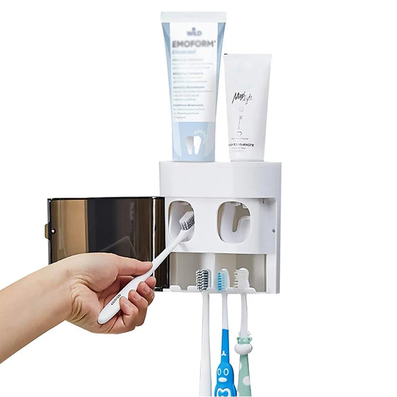 Wall-Mounted Electric Toothbrush Holder Bathroom Toothbrush Storage Box with 2 Toothpaste Squeezers Automatic Dispenser