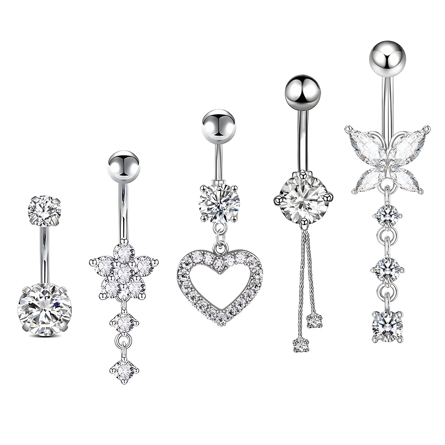 Set 5 Women's Stainless Steel Belly Button Rings 14G Navel Piercing Jewelry Heart Flower Butterfly Design Zircon Stone 5Pcs/N