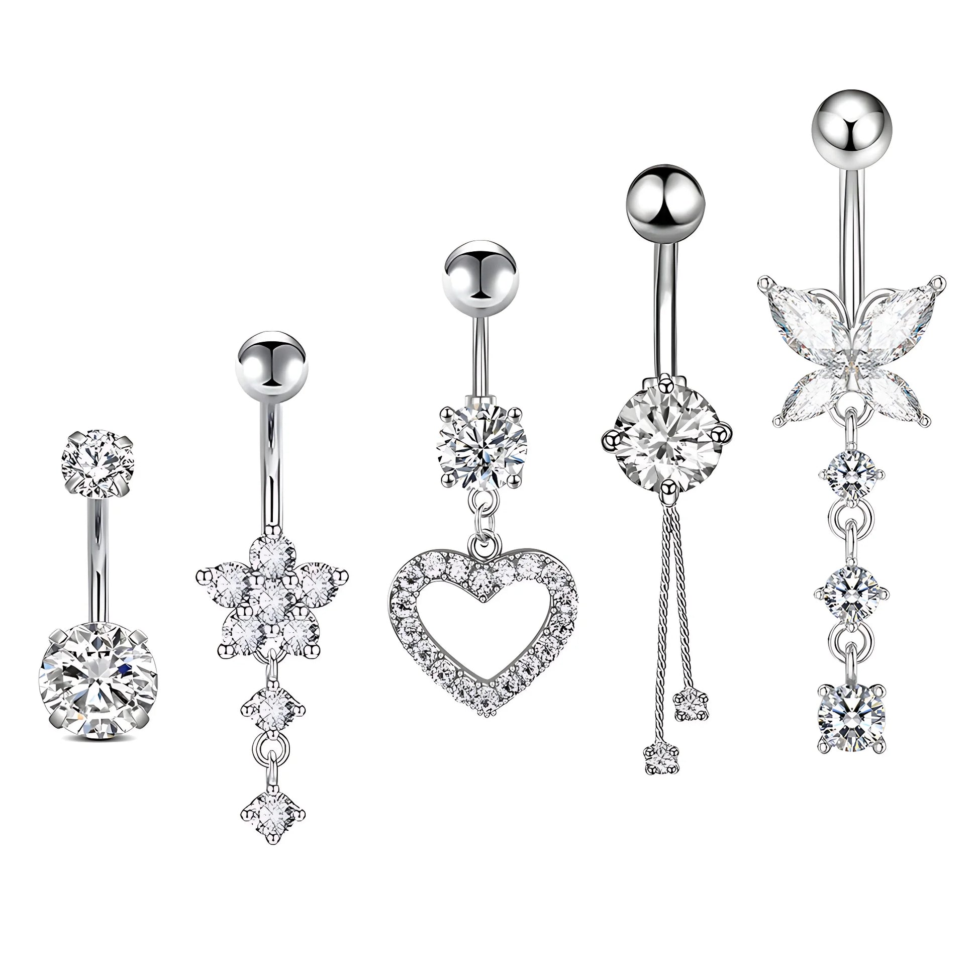 Set 5 Women's Stainless Steel Belly Button Rings 14G Navel Piercing Jewelry Heart Flower Butterfly Design Zircon Stone 5Pcs/N