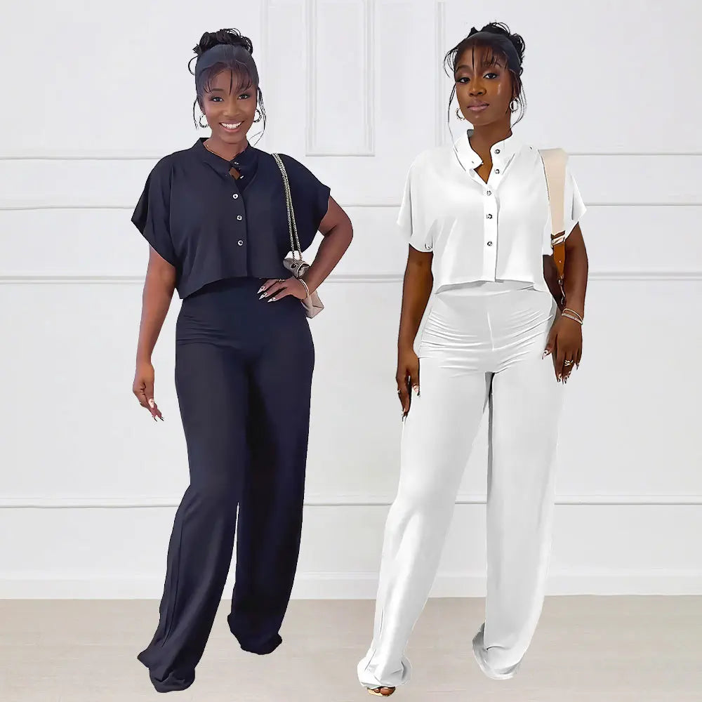 Women Clothes Ladies Casual Solid Color Lapel Short Sleeve Shirt Crop Top Wide Leg Trousers Pants Fashion Two Piece Women's S