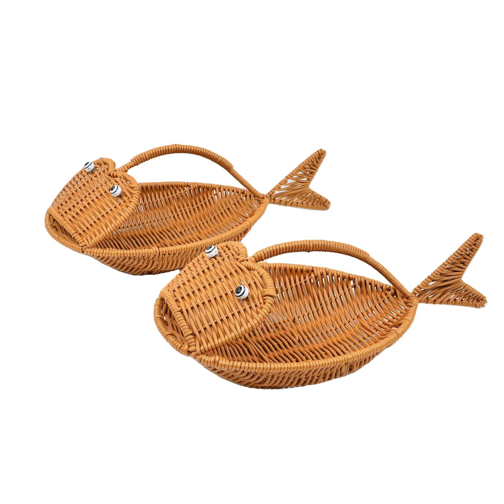 Cute Eco-Friendly Handmade Fish Shaped Bread Food Pp Plastic Fruit Woven Rattan Picnic Storage Baskets Tray With Handheld