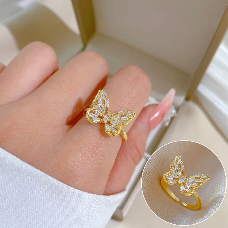 Ladies Brass Bling CZ Real 18k Gold Butterfly Finger Ring Dainty Zircon Butterfly Ring Adjustable