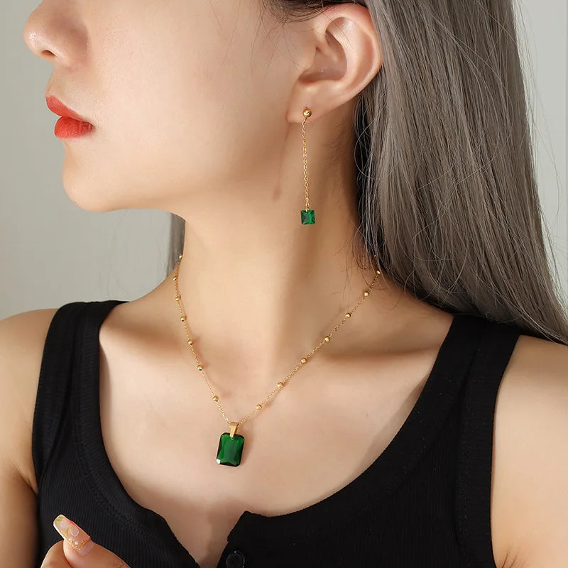 Women 18k Gold Plated Tarnish Free 316l Stainless Steel Square Emerald Zircon Necklace Earrings Jewelry Set
