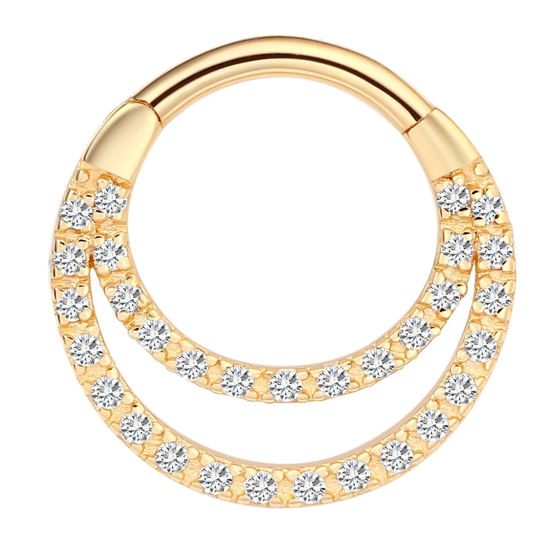 Eternal Metal 14K Solid Gold Double- Layer Paved CZ Hinged Segment Hoop Ring Septum Clicker Daith Earring Piercing Jewelry