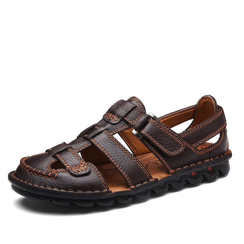 Factory Supply Large Size Feet Genuine Cow Leather Hand Made Sewing Anti slip Men Summer Sandals Shoes