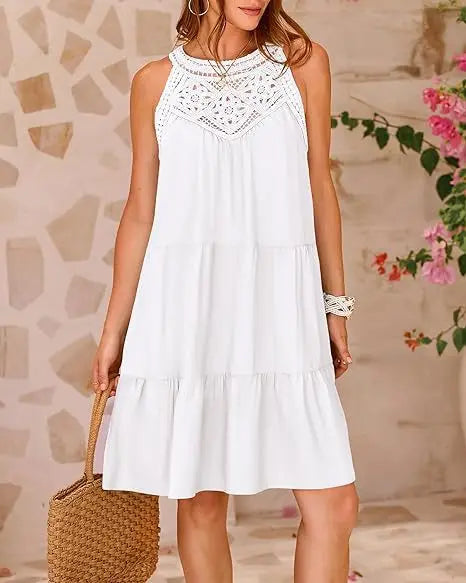 Popular Women's Clothing Trend Hollowed Out Lace Patchwork Hanging Neck A-line Dress